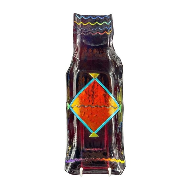 Hand Made Dichroic Art Glass Fused Iridescent Finish Long Bottle Bowl Dish Shape - Picture 1 of 16